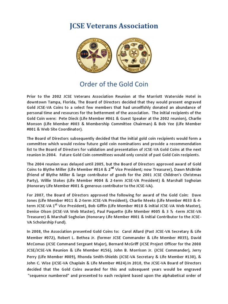 JCSE Veterans Association Order of The Gold Coin | PDF | Sports ...
