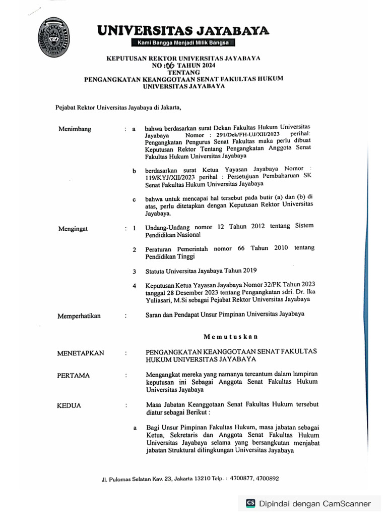 SK Rektor Pengangkatan Keanggotaan Senat Fakultas Hukum Uj | PDF