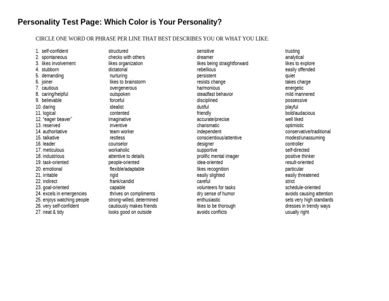 Color Personality Test Questionnaire | PDF | Psychology | Psychological ...