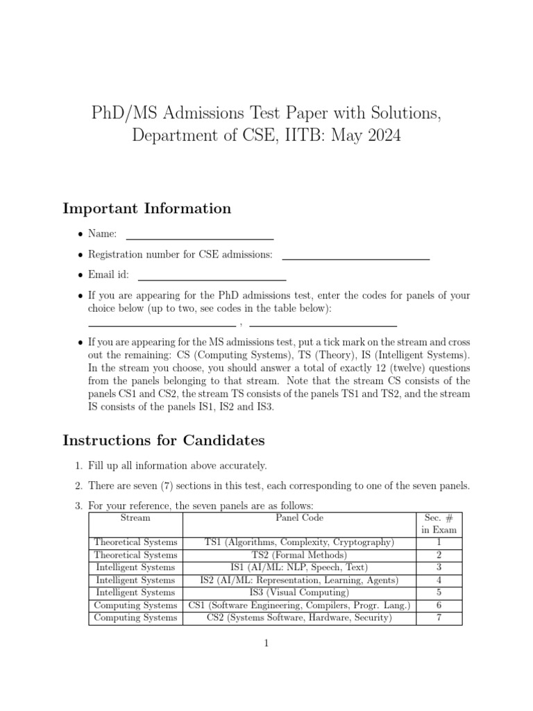 IITB CSE PhD/MS Admissions Test 2024 | PDF | Vertex (Graph Theory ...