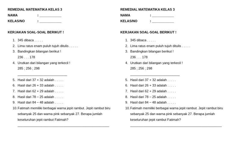 Remedial Matematika Kelas 3 Bab 1 | PDF