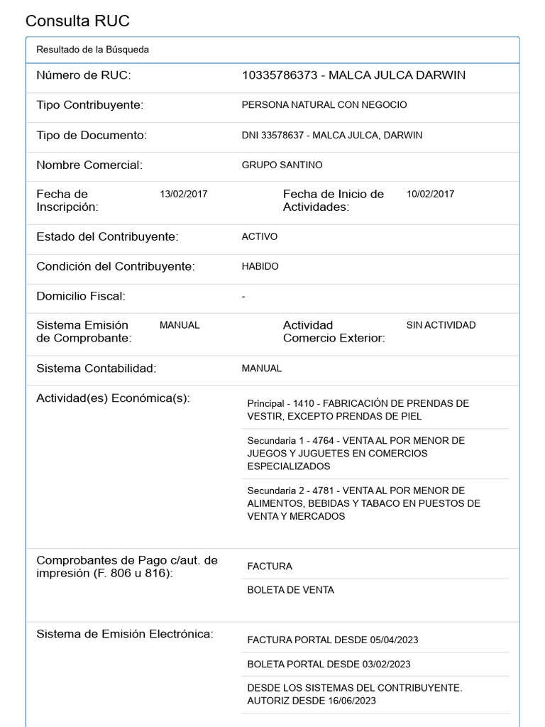 Consulta RUC: Malca Julca Darwin | PDF