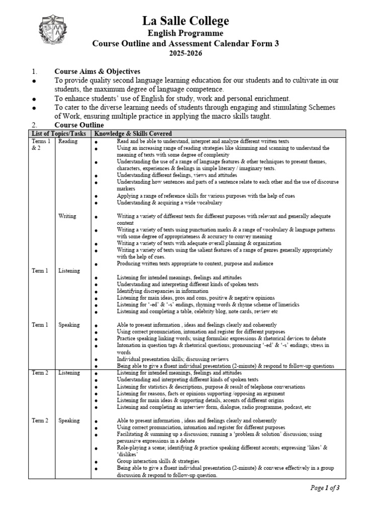 Form 3 English Course Outline 2025-2026 | PDF | English Language | Rhetoric