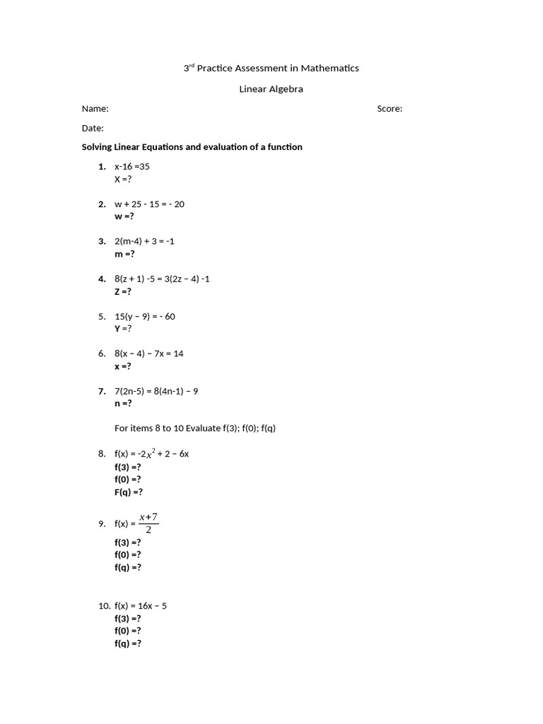 Linear Algebra Practice Assessment | PDF