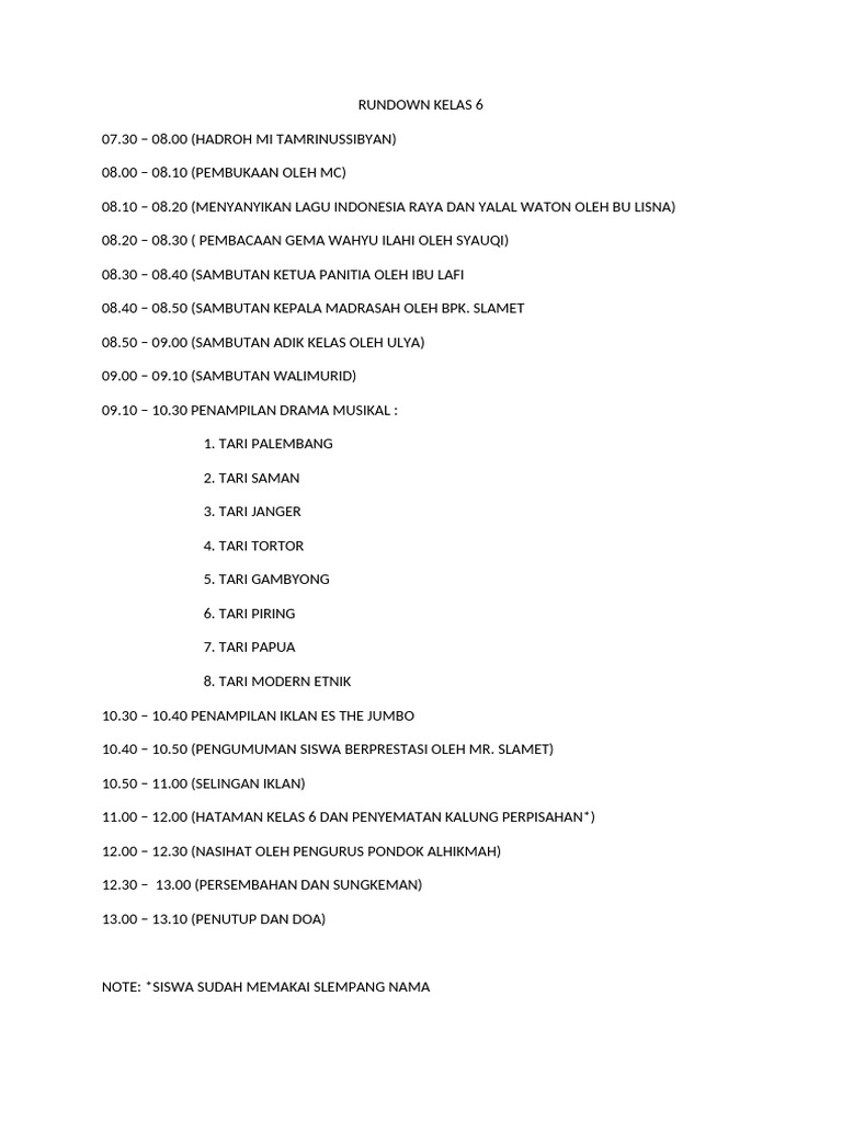 Rundown Acara Kelas 6 Sekolah | PDF