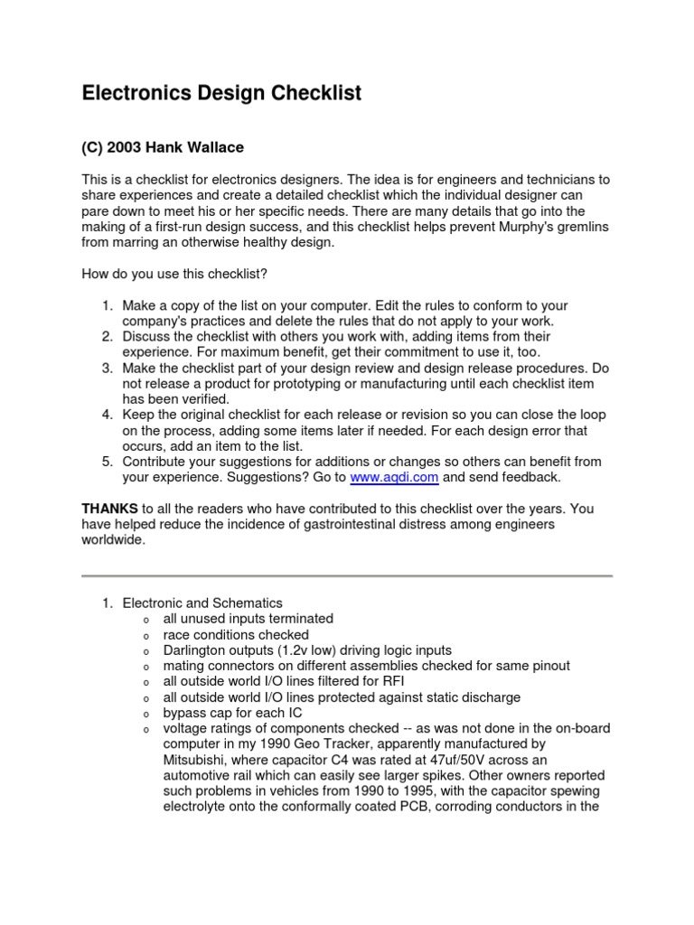 Electronics Design Checklist: (C) 2003 Hank Wallace | PDF | Printed ...