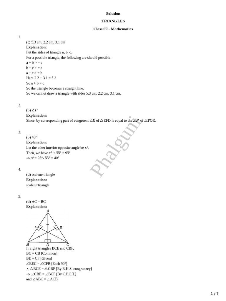 Class 9 Triangle Mathematics Solutions | PDF | Triangle | Angle