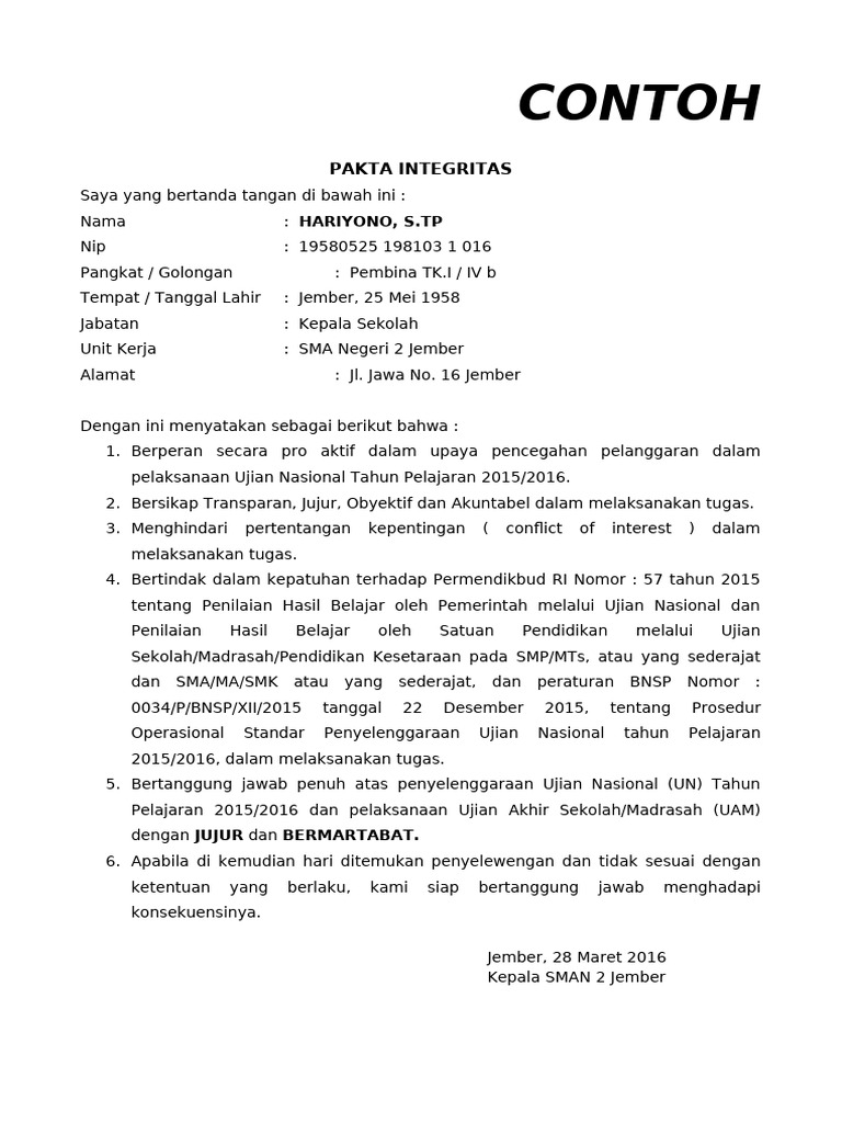 4. Contoh Pakta Integritas Un - 2016 | PDF