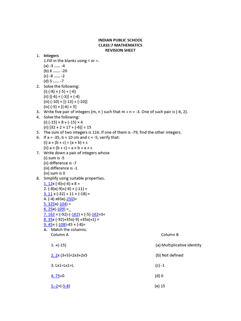 Class 7 Math Revision: Integers & Fractions | PDF | Angle | Length