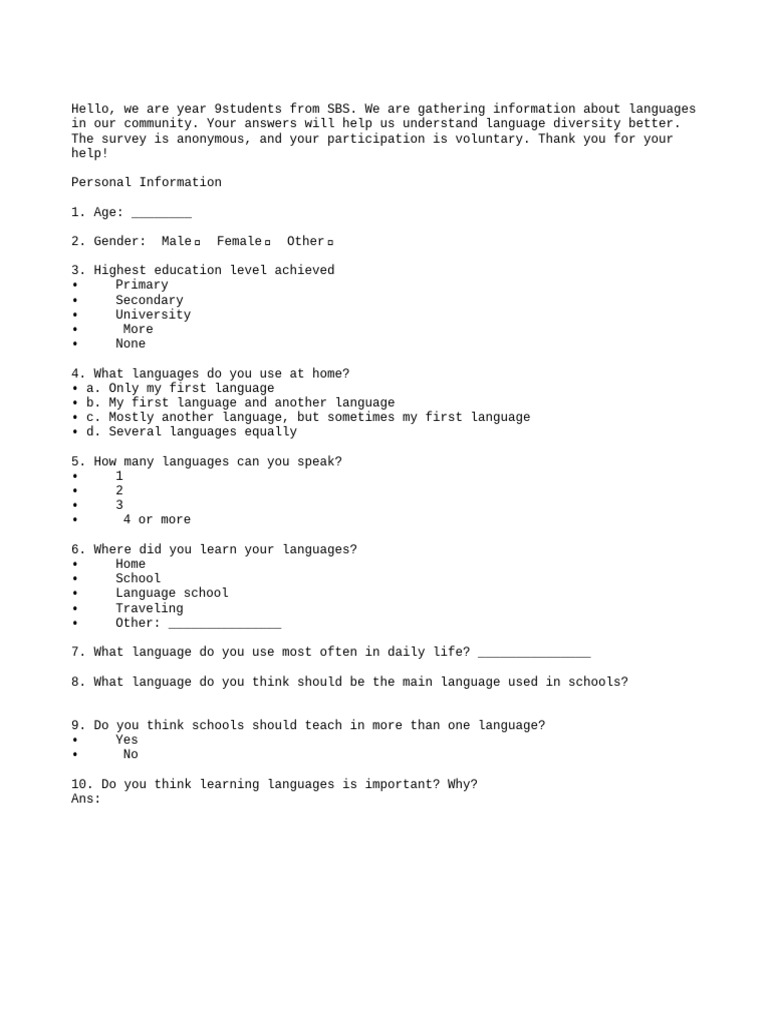 Community Language Diversity Survey | PDF