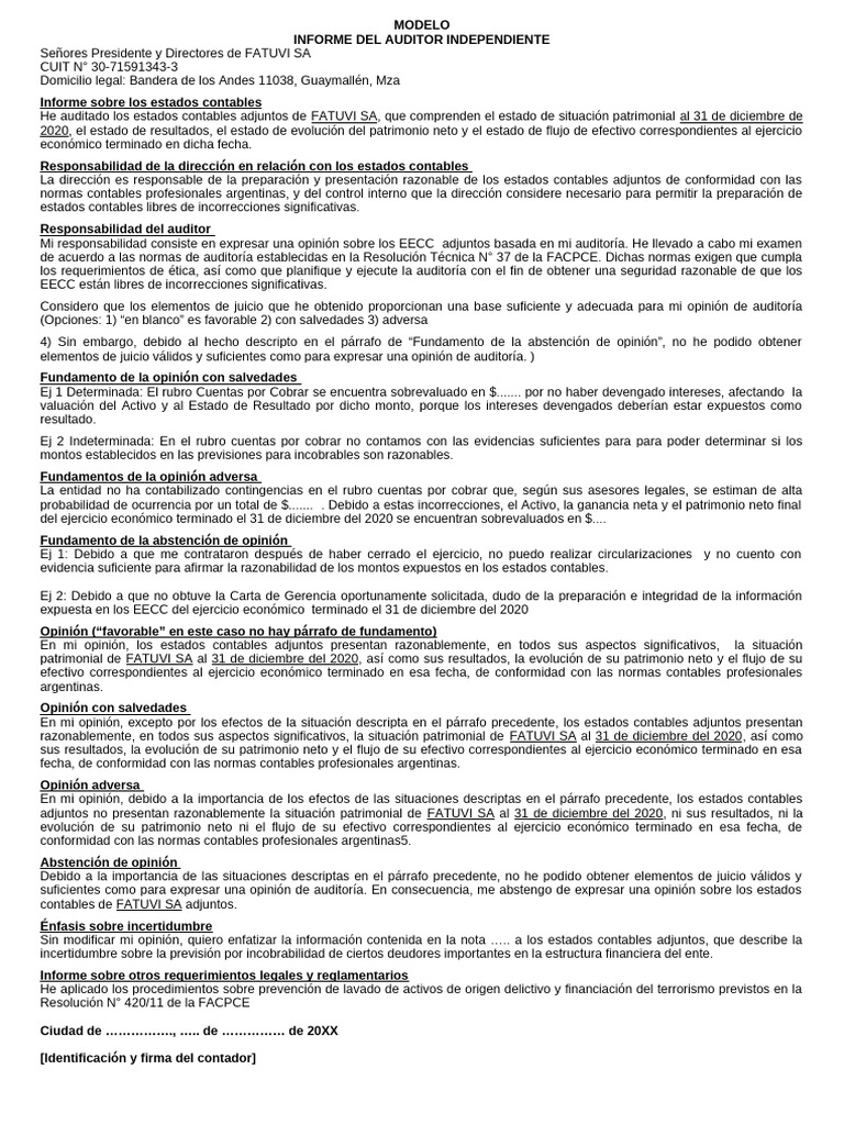 Informe de Auditoría FATUVI SA 2020 | PDF | Contabilidad | Auditoría