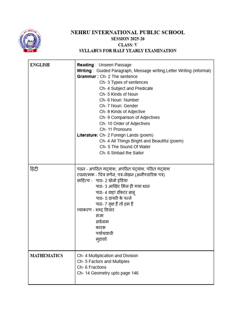 CLASS V Half Yearly Syllabus (2025-26) | PDF