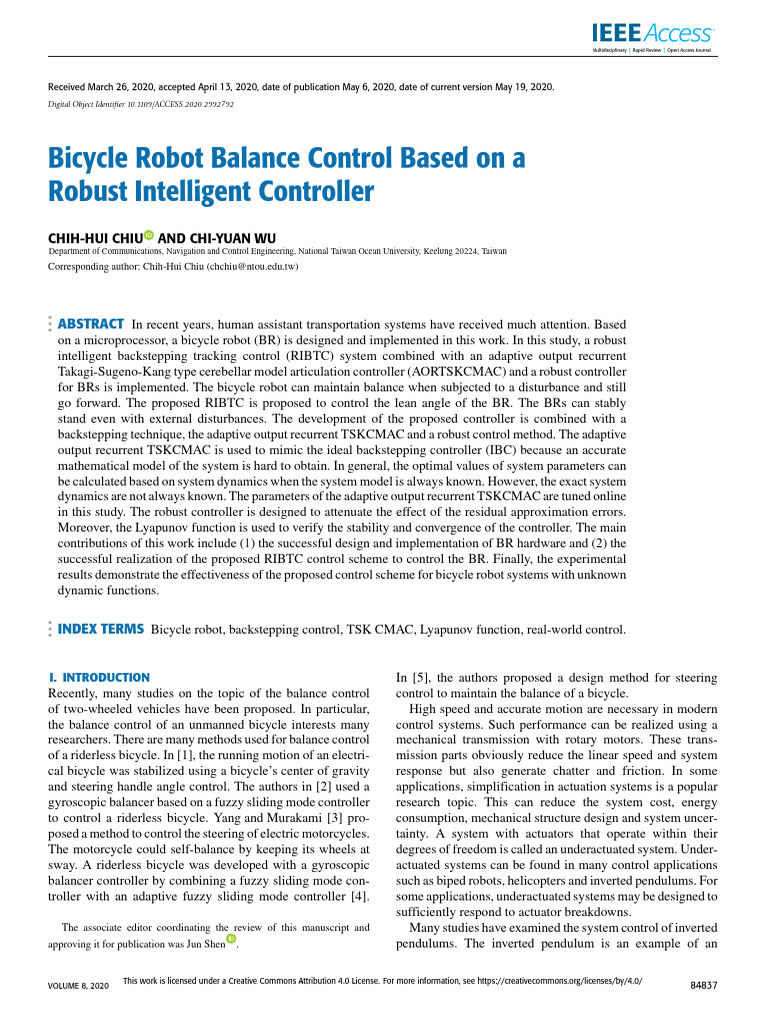 Bicycle Robot Balance Control Based On A Robust Intelligent Controller ...