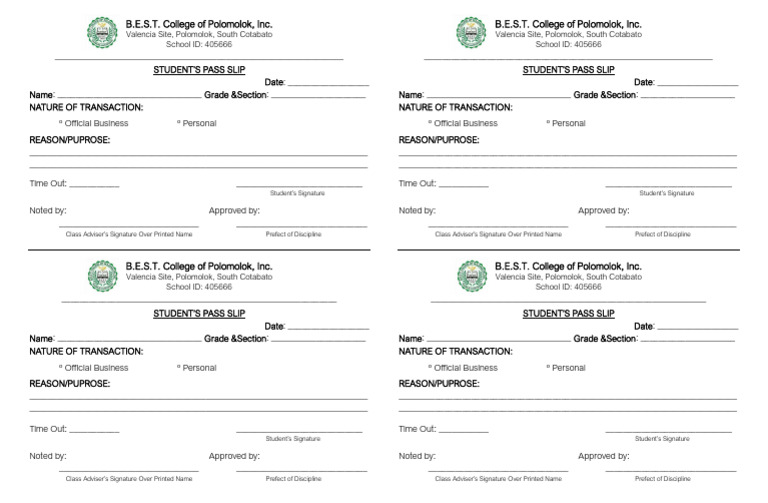 Student Pass Slip Template | PDF | Access Control