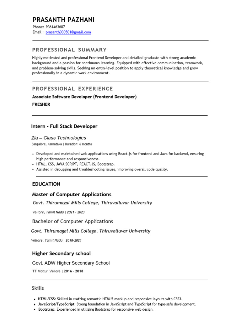 Frontend Developer Resume - Prasanth Pazhani | PDF