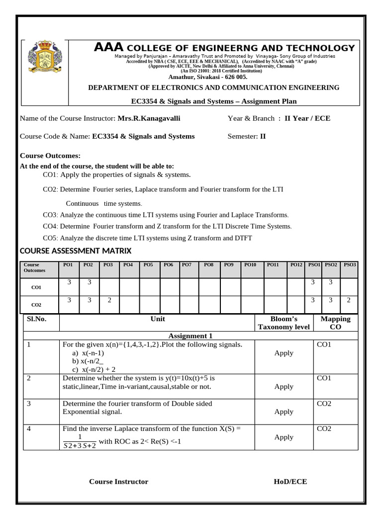ECE Signals and Systems Assignment Plan | PDF | Algorithms | Signal ...