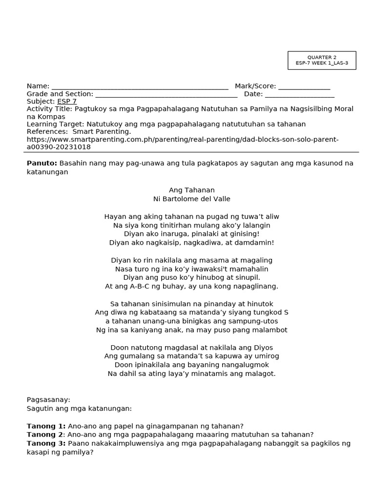 q2 Las in Esp 7 Week 1 Las 3 | PDF