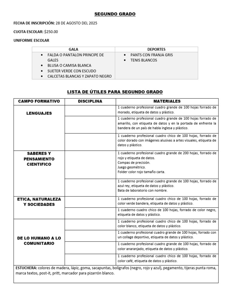 Inscripción y útiles segundo grado 2025 | PDF | Color | Tecnicas artisticas