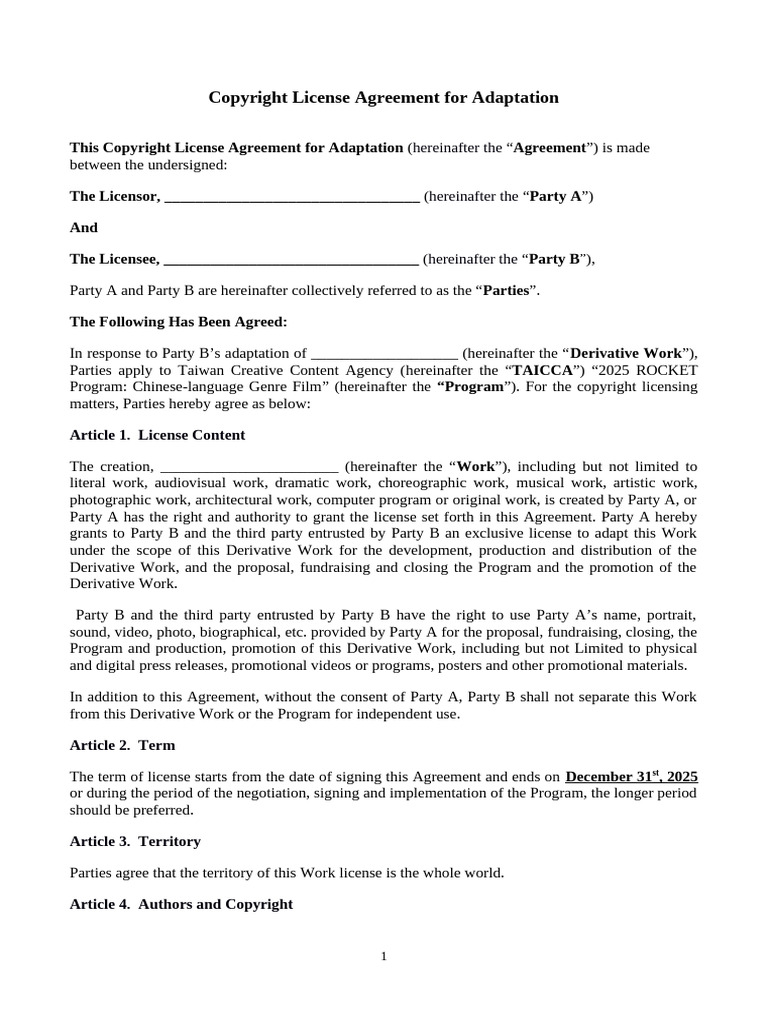 Copyright License Agreement for Adaptation | PDF | License | Derivative ...
