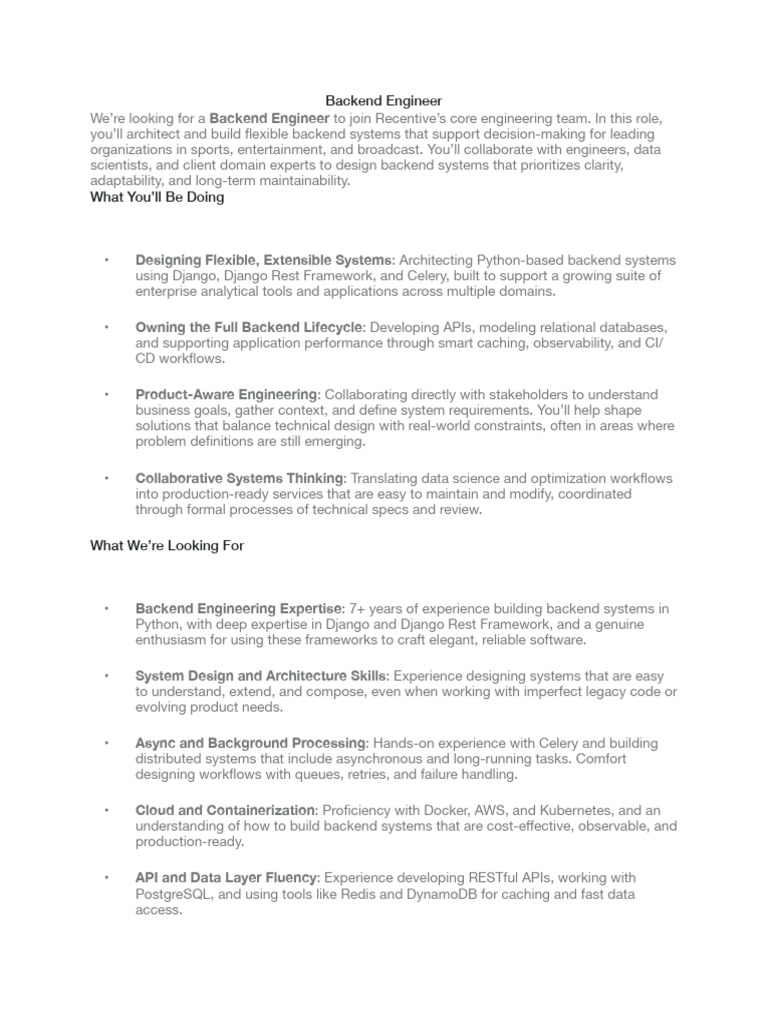 Recentive Analytics - Backend Engineer | PDF | Analytics | Creativity