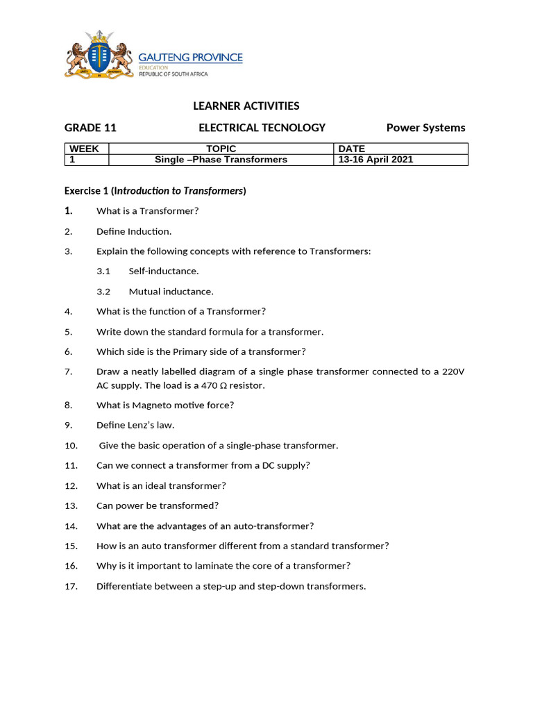 Grade 11 Single-Phase Transformer Exercises | PDF | Transformer | Inductor