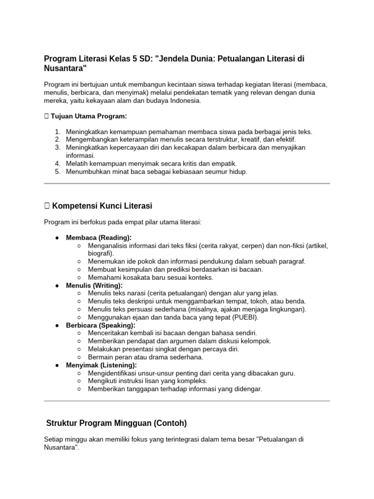 Program Literasi Tematik Kelas 5 SD | PDF