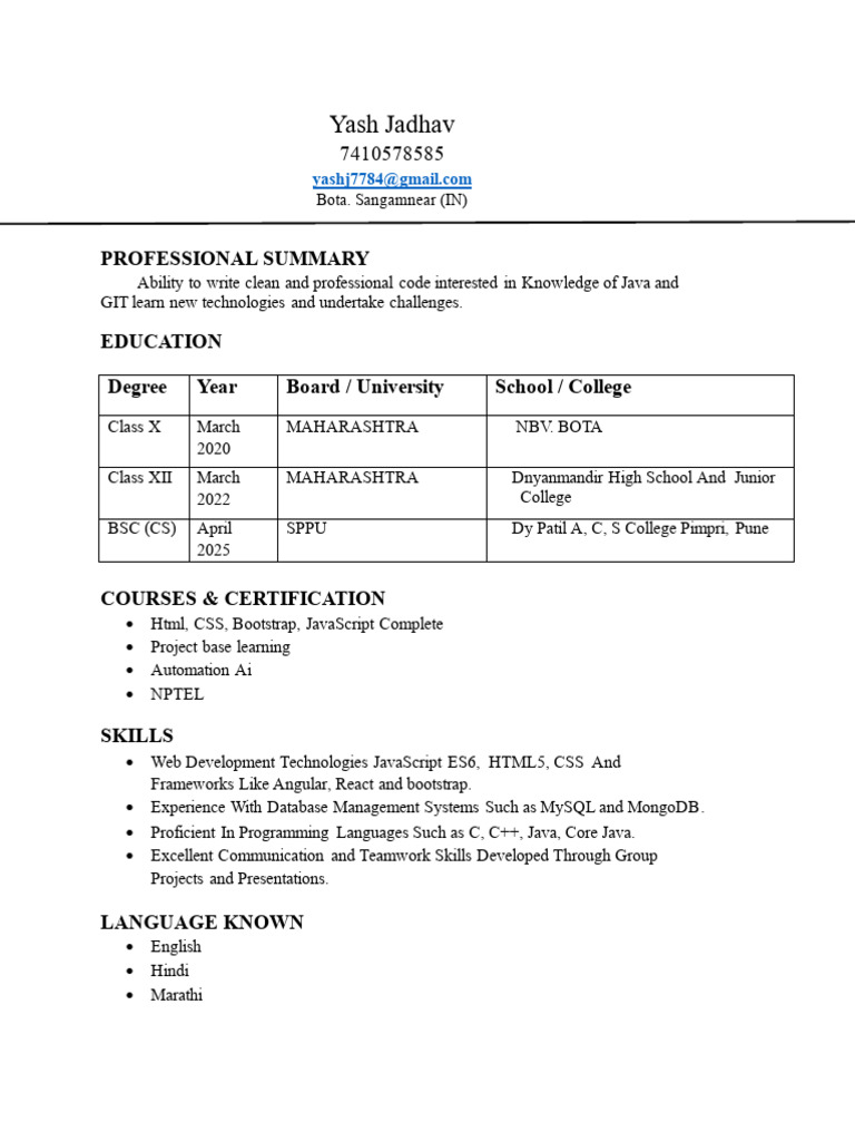 Yash Jadhav: Web Developer Resume | PDF | Web Development | Systems ...
