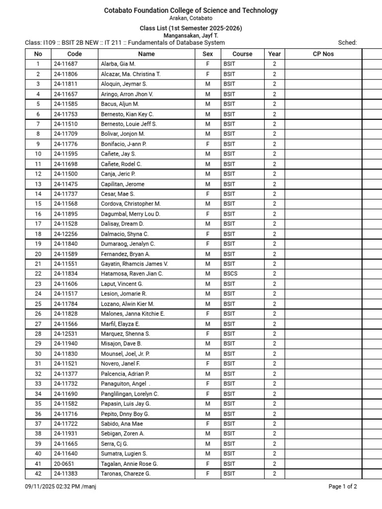 BSIT 2 Class List 2025-2026 | PDF