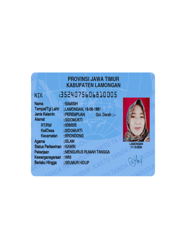 Contoh Softfile KTP Perempuan Lamongan | PDF