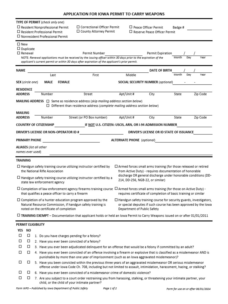 Iowa Permit to Carry Weapons Application | PDF | Felony | Misdemeanor
