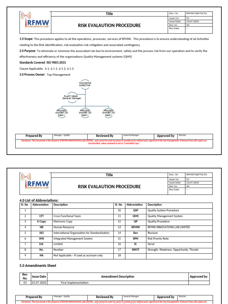 RFMW Risk Evaluation Procedure | PDF | Risk | Swot Analysis