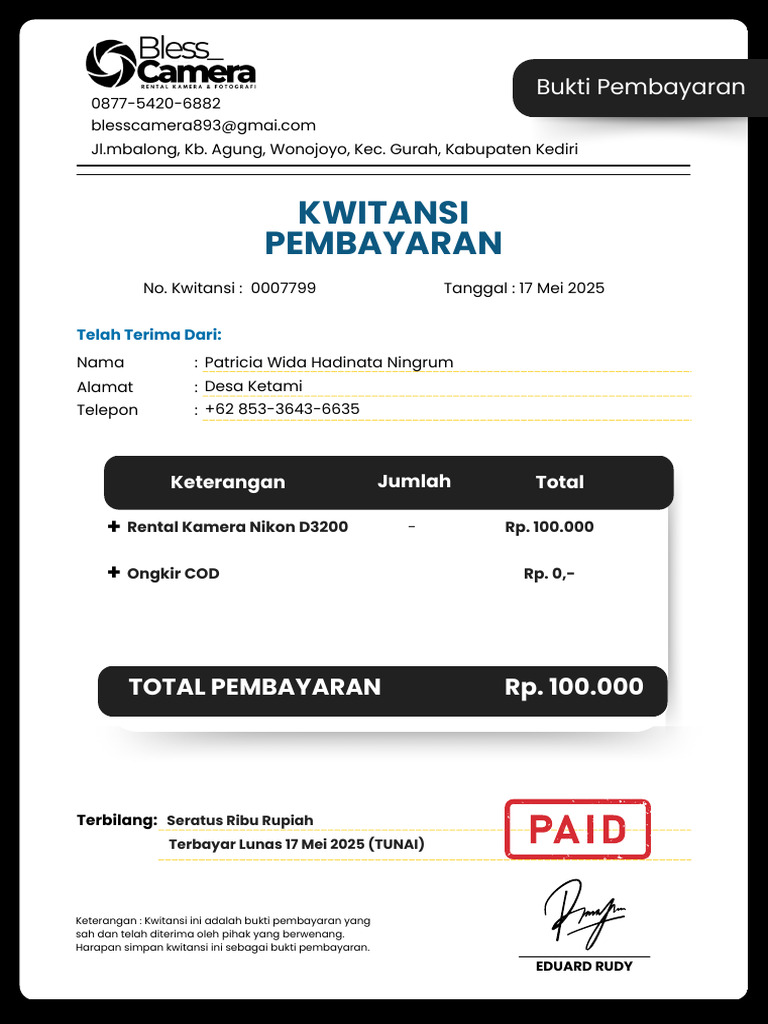 Kwitansi Sewa Kamera Nikon D3200 | PDF