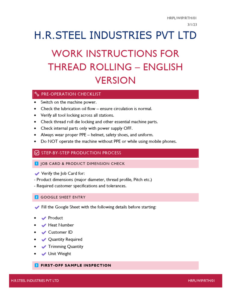 Thread Rolling Work Instructions Guide | PDF | Mechanical Engineering