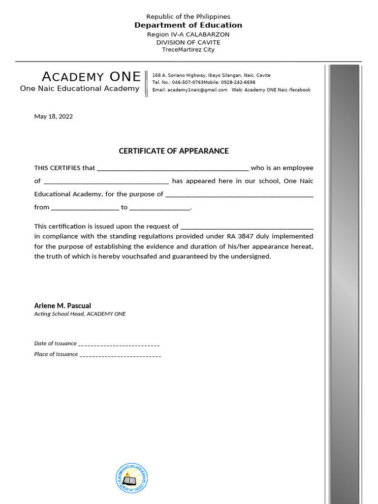 Certificate of Appearance Template | PDF