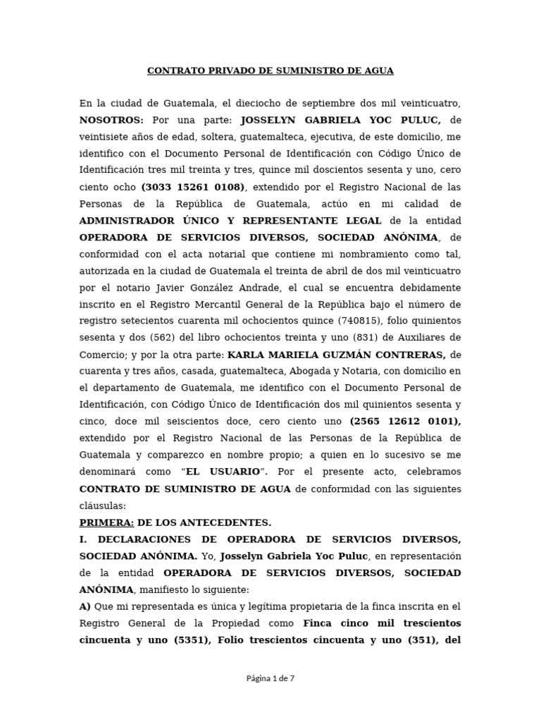 Contrato de Suministro de Agua en Guatemala | PDF | Guatemala | Condominio