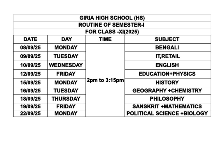 HS Class XI Semester-I Routine 2025 | PDF