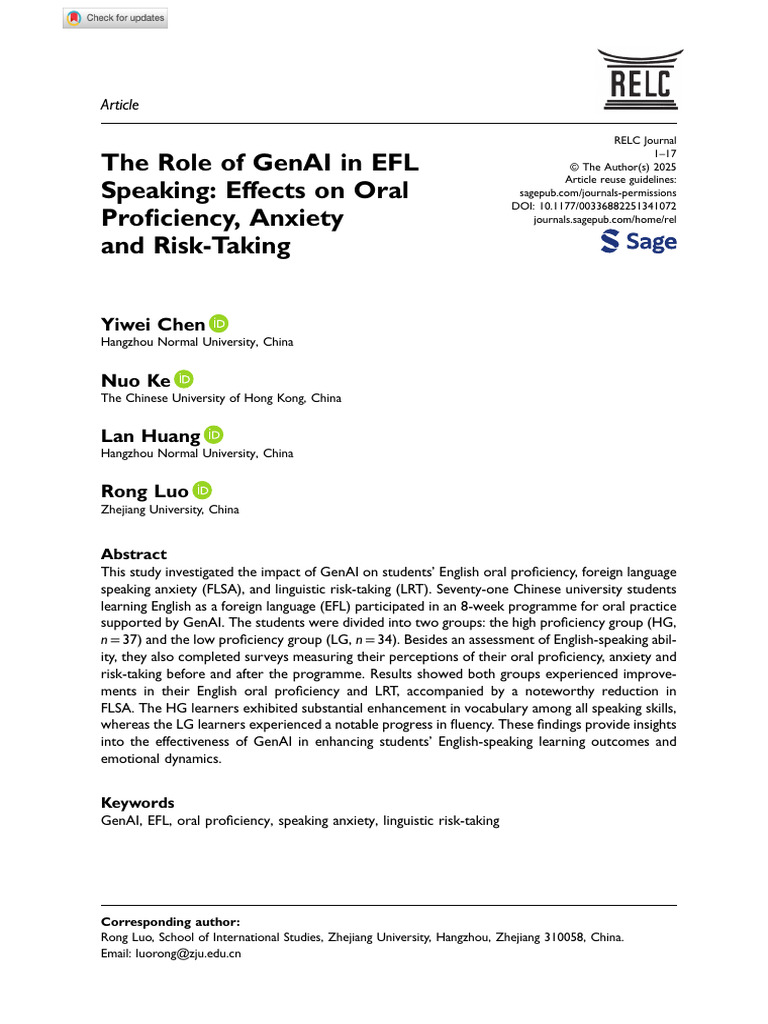 GenAI's Impact on EFL Speaking Skills | PDF | Learning | Self Report Study