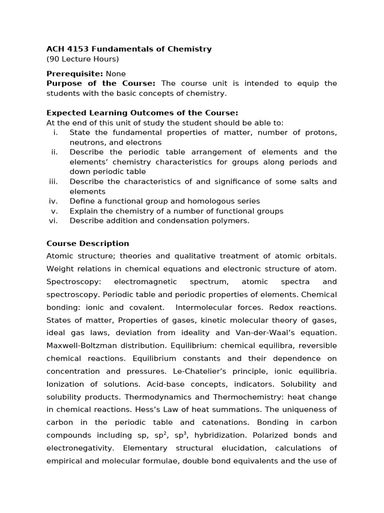 Fundamentals of Chemistry Course Overview | PDF | Chemical Bond ...