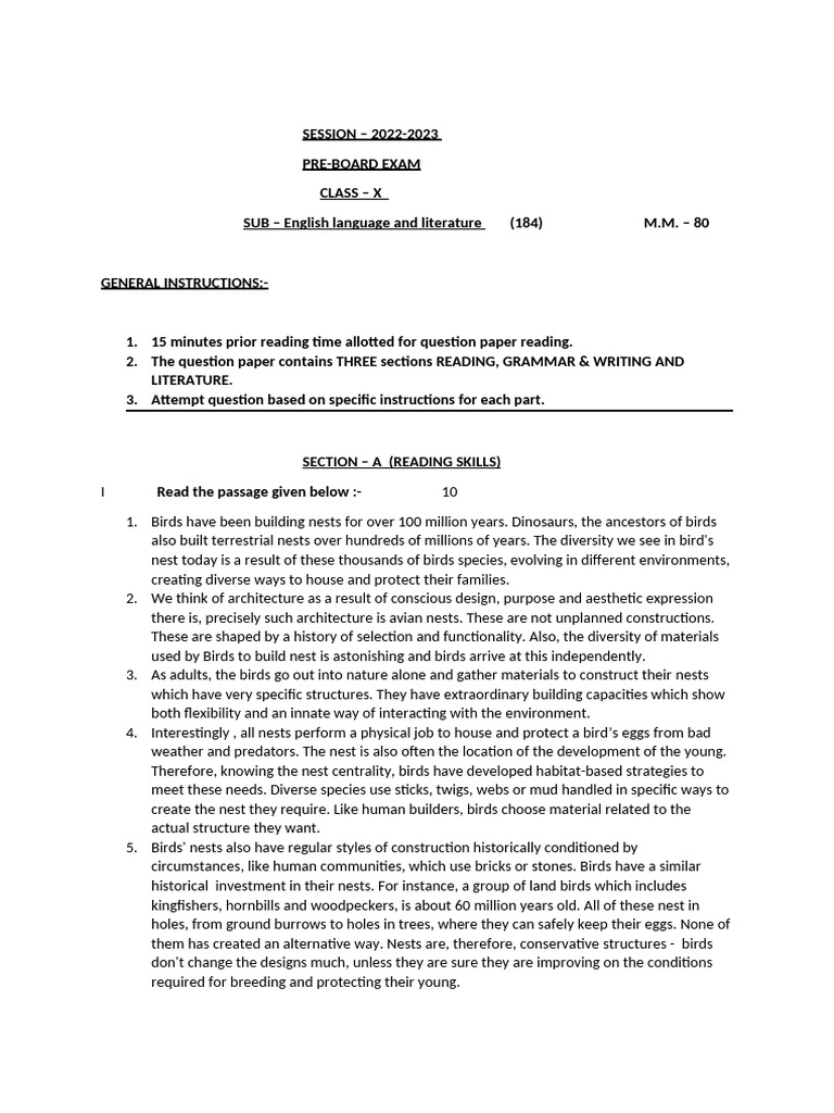 Class X English Pre-Board Exam 2023 | PDF | Nest | Birds