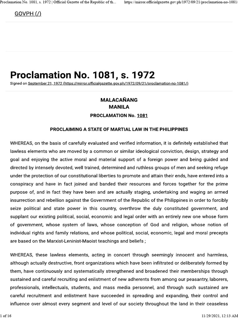Proclamation No. 1081: Martial Law 1972 | PDF | Executive Heads Of ...