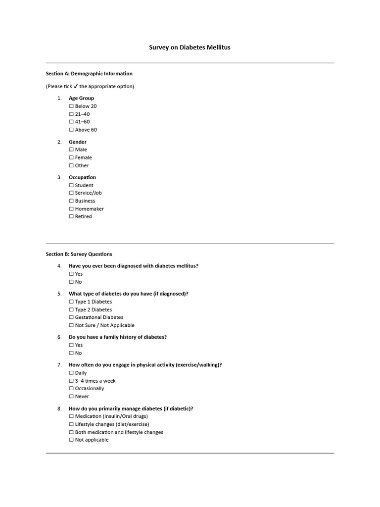Diabetes Mellitus Survey Questionnaire | PDF