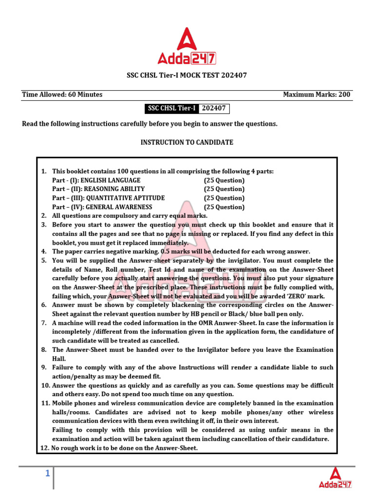 SSC CHSL Tier-1 Mock Test 202407 (Offline) - English | PDF | Circle | Area