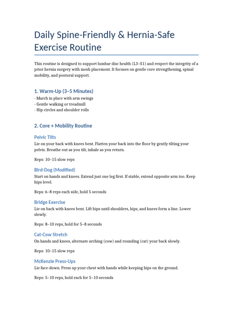 Spine-Friendly Exercise Routine for Hernia | PDF