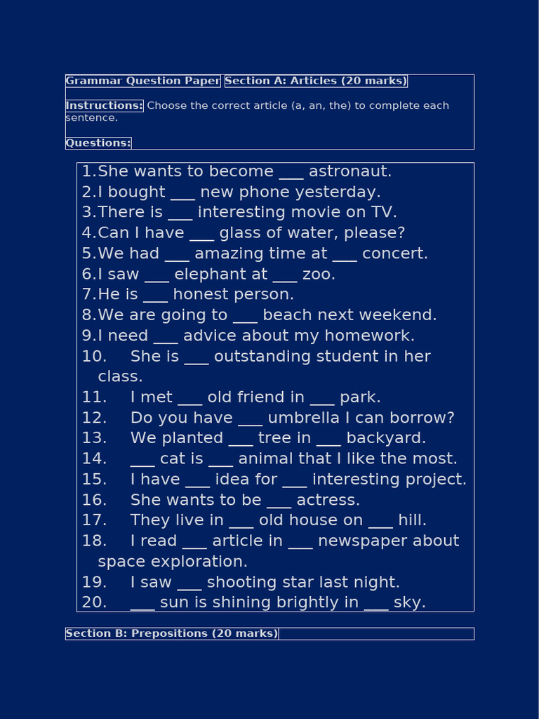 Grammar Practice: Articles & Prepositions | PDF
