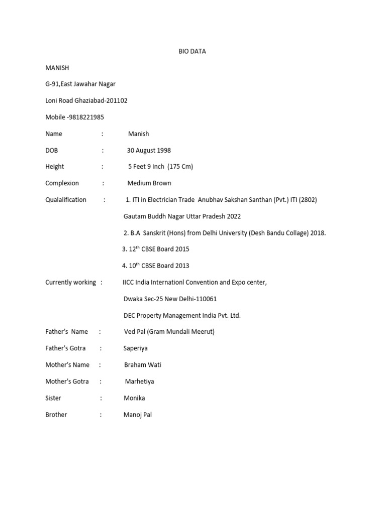 Manish's Comprehensive Bio Data | PDF