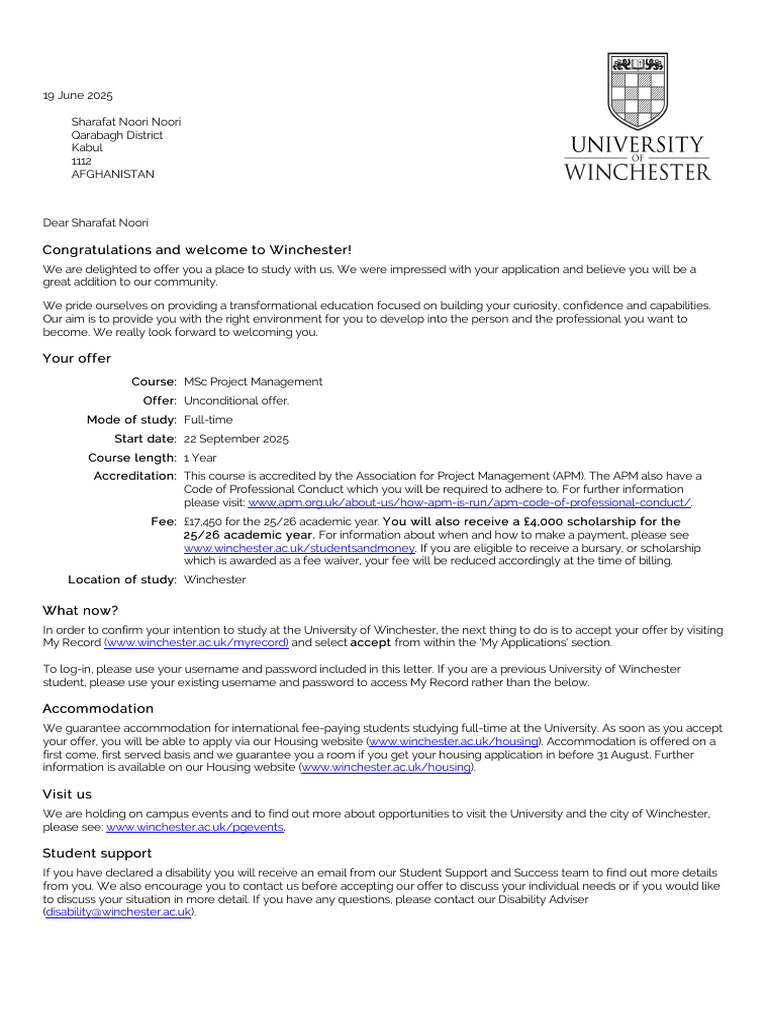MSc Project Management Offer Letter | PDF