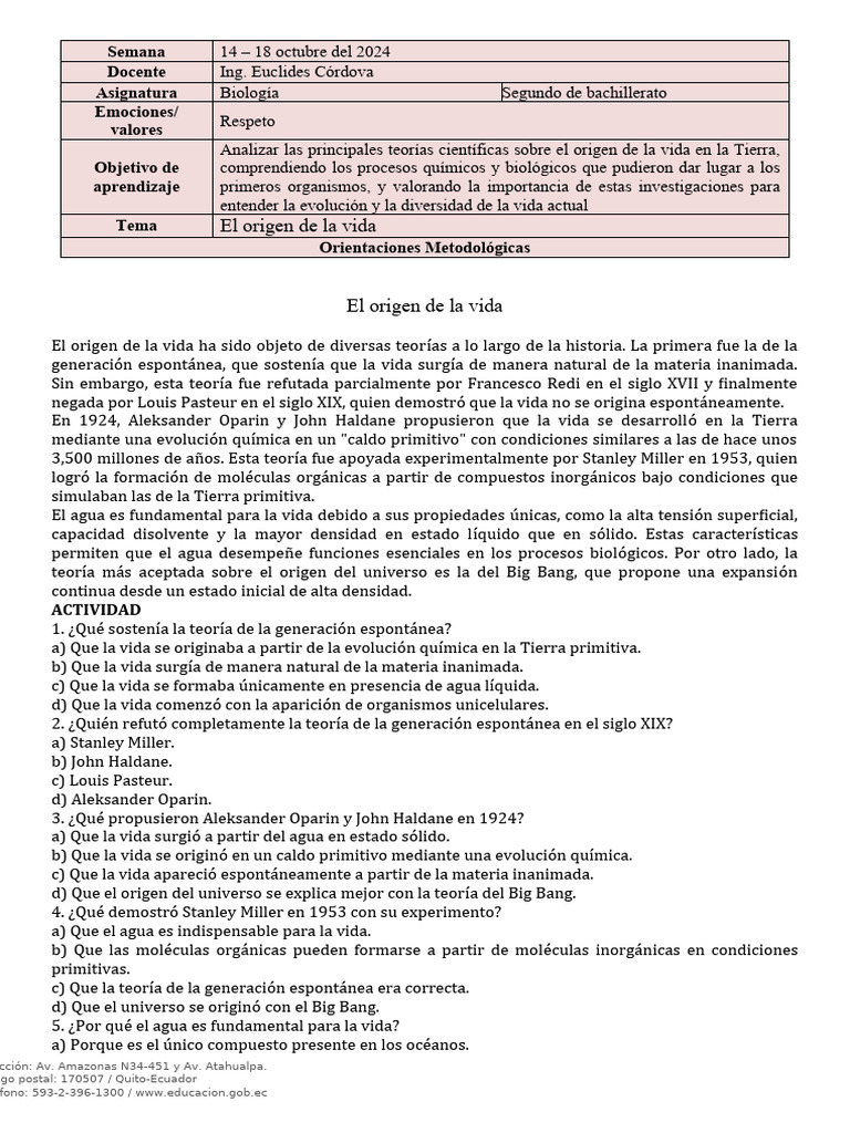 Teorías sobre el origen de la vida y ADN | PDF | Reacciones químicas | Adn