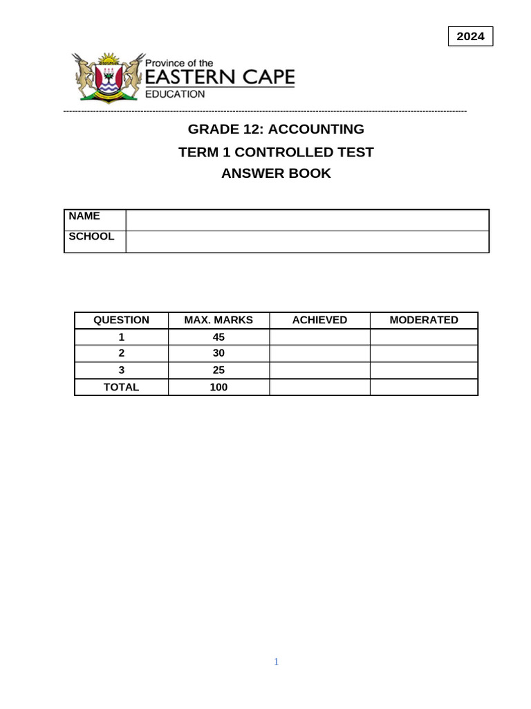 Grade 12 Accounting Term 1 Test Answers | PDF | Dividend | Income