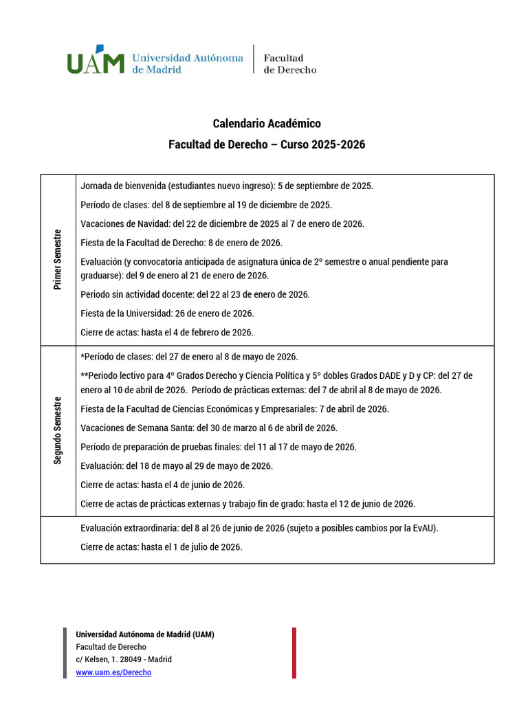 Calendario Académico UAM Derecho 2025-2026 | PDF