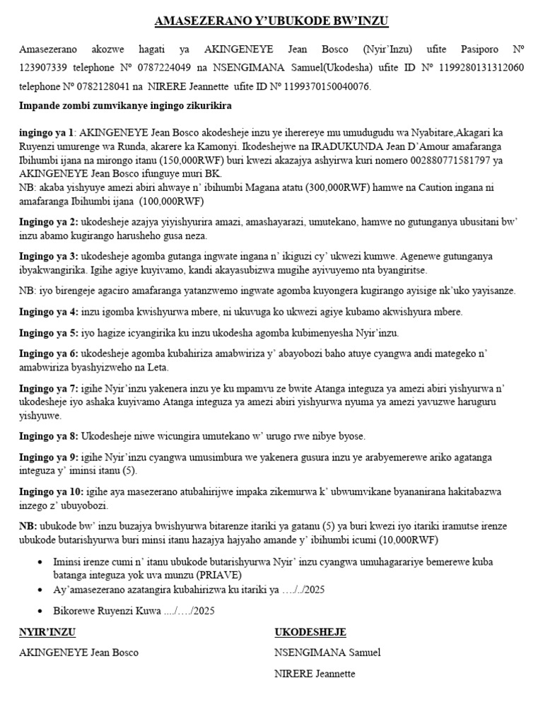Amasezerano Y' Ubukode Bw'Inzu | PDF